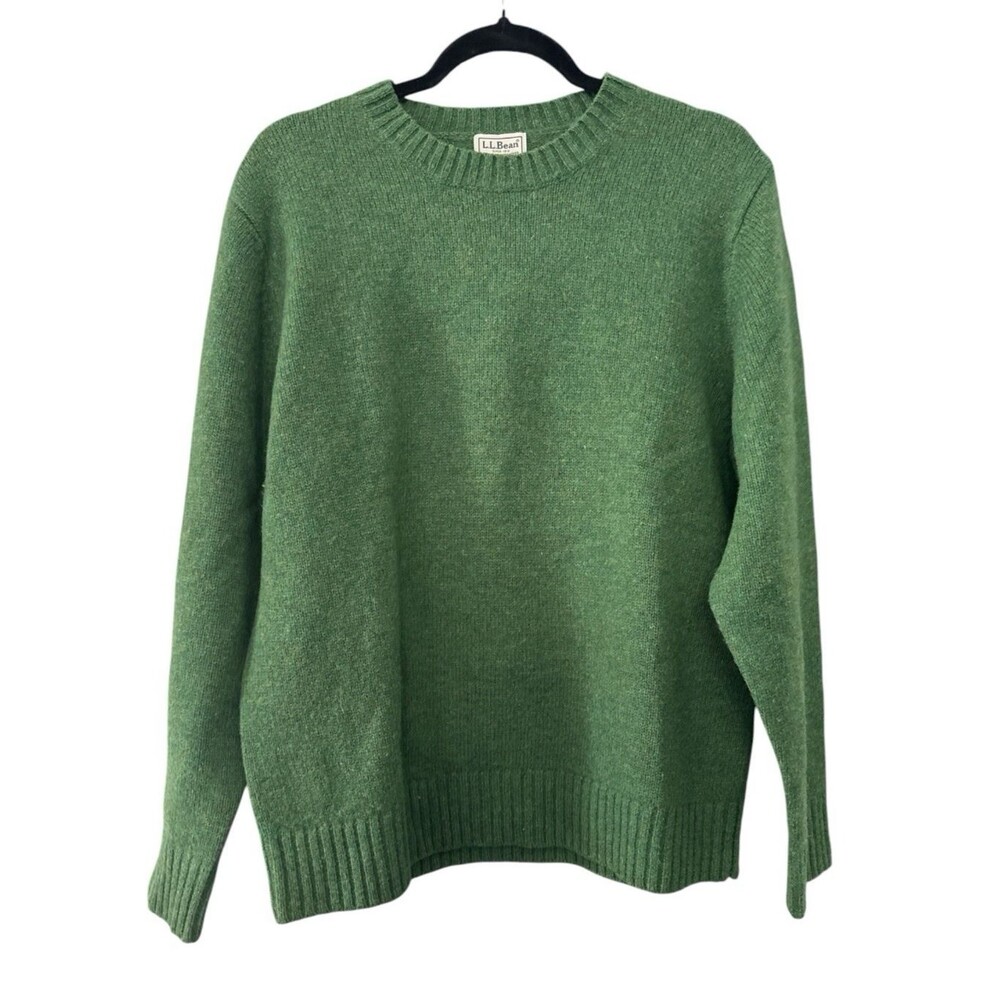 L.L. Bean 100% Shetland Wool Green Knit Crew Neck Sweater Men's Medium